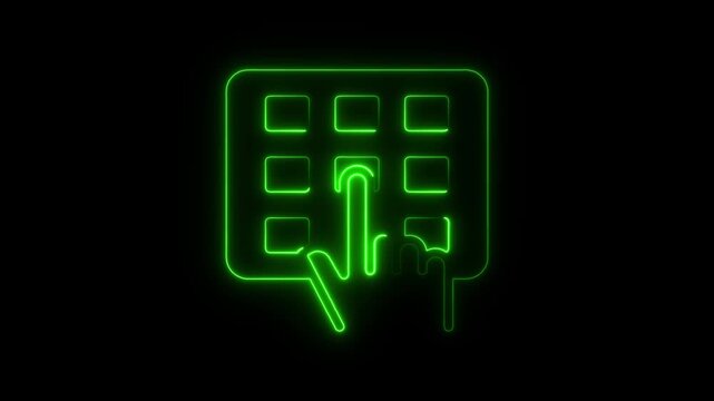 Glowing Neon Barbecue Grill Grid Icon Animation on Black Background 4K...