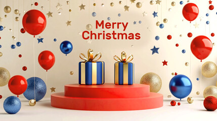 Festive Christmas Holiday Celebration Background with Decorations, Gifts, Ornaments, Lights and Winter Seasonal Elements for Stock Design.
