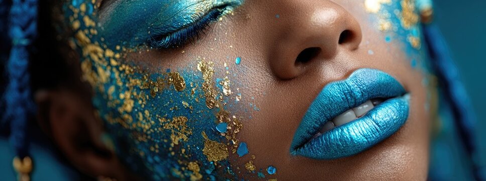 he background is blue, with gold particles and splashes of liquid on the face of an african american woman in profile. - Powered by Adobe