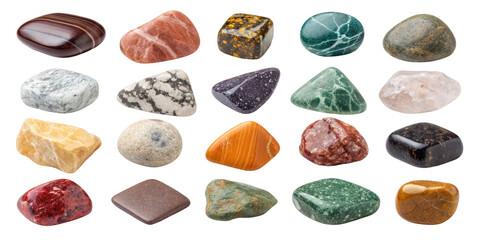 Twenty Tumbled Stones Collection Isolated on Transparent Background, Gemstones, Polished Rocks, Gems, Minerals, Tumbled Stones