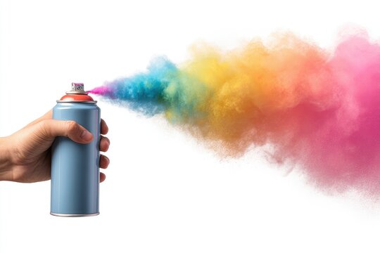 Hand holding a spray can, colorful paint mist