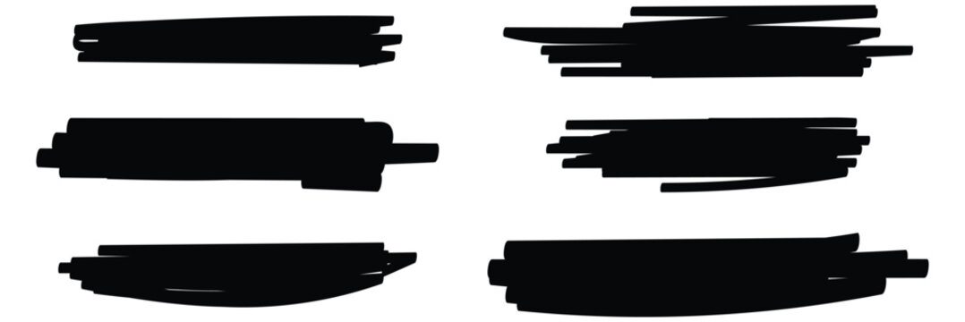 Redaction Marker Brushes Vector Set: Hand-Drawn Black Strokes, Grunge Highlights, and Abstract Underline Elements. Set of black hand drawn marker pen stroke line. Brush paint stroke set. Black stain 
