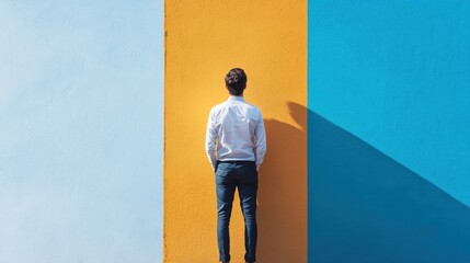 A man standing in front of a blue and yellow striped wall, wearing a white shirt and blue jeans, with a shadow cast on the wall.