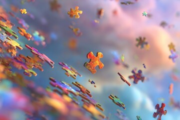 Colorful puzzle pieces float in a soft, pastel-hued sky