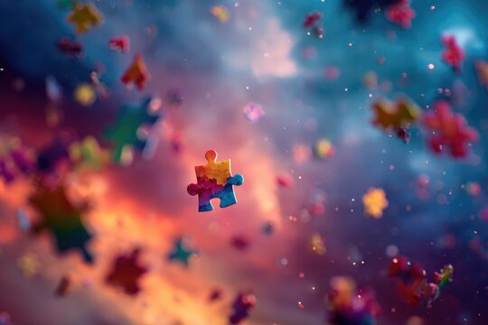 Colorful puzzle pieces floating in a vibrant, out-of-focus background