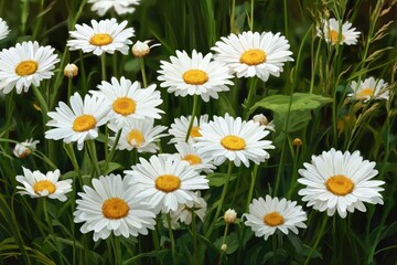 Fototapeta premium White daisies in a grassy field. Close-up view of many daisy flowers with vibrant white petals and yellow centers, growing amidst blades of green grass. Soft, painted look