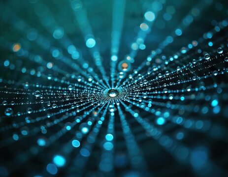 Macro photography spider web adorned with morning dew drops against dark, blurred background. Intricate threads glisten with water droplets, creating natural, abstract pattern. Delicate web captures - Powered by Adobe