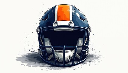 Graphic resource for American football. Features dark blue helmet with orange, white stripes. Protective face mask, white padding visible. Stylized illustration with watercolor splashes, clean lines,