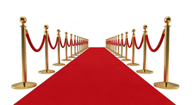 A red carpet with golden poles on transparent background