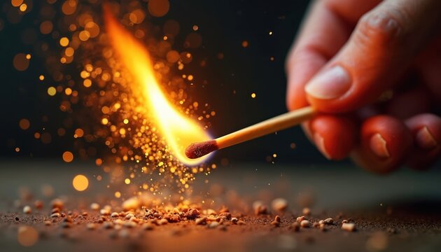 Macro shot of matchstick igniting, creating vibrant flame, glowing sparks. Hand holds matchstick as strikes, producing heat, light. Image represents energy, combustion, beginning of fire with