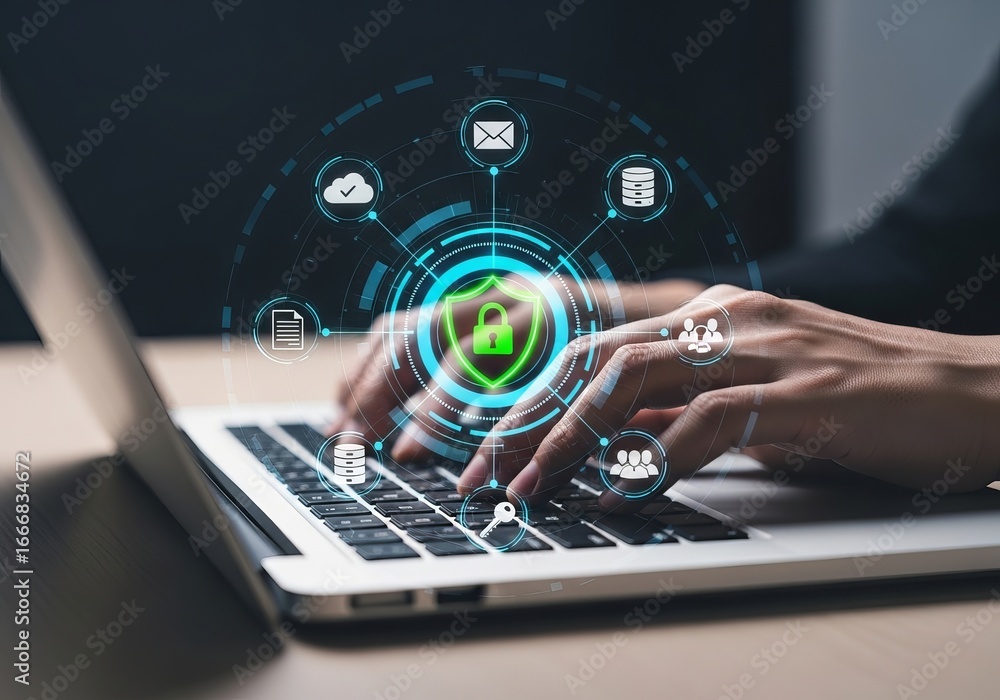 Aufkleber person typing on a laptop with a glowing digital security shield and icons representing data protect