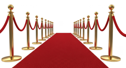 Red carpet with golden stanchions on transparent background