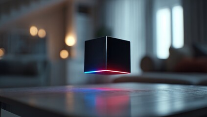 Floating black cube with vibrant light accents, hovering above a wooden table in a dimly lit living room
