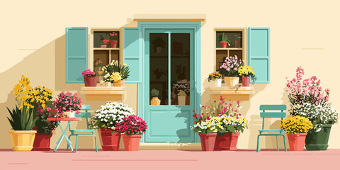 Picturesque illustrated building facade with a turquoise door, shutters, and vibrant potted flowers.