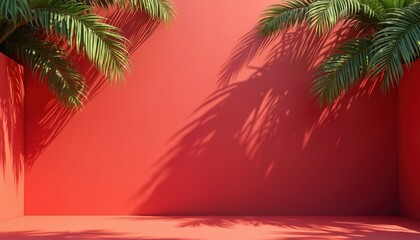 Fototapeta premium Vibrant red background with palm leaf shadows. Tropical summer ambiance. Exotic warm design detail, abstract texture. Modern layout for decor, artwork, nature, gradient palette.