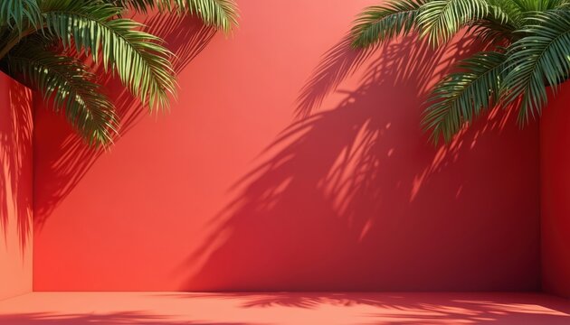 Vibrant red background with palm leaf shadows. Tropical summer ambiance. Exotic warm design detail, abstract texture. Modern layout for decor, artwork, nature, gradient palette.