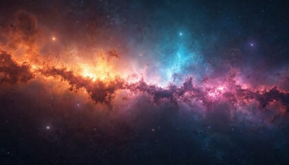 Vast cosmic nebula glows in universe, featuring swirling gas, dust in orange, blue, pink hues. Celestial phenomena interstellar beauty, immensity with radiant light contrast against dark space.