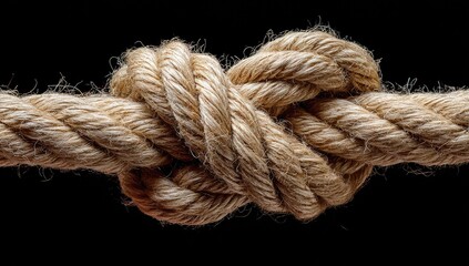 Close-up of a tightly bound knot in light beige rope against a black background