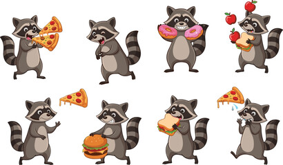 Cute cartoon raccoons eating fast food, pizza, donuts, burgers, apples, sandwiches, funny animals, food lovers, adorable character design, vector set. © Design_Pro