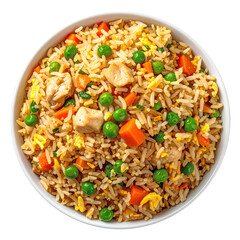 Fried rice with chicken, carrot, green pea, egg, and rice in white ceramic bowl top view isolated on transparency background