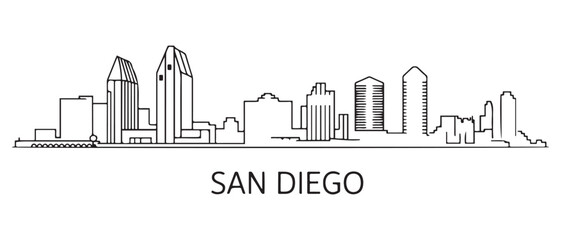 Fototapeta premium Detailed San Diego skyline vector illustration. San Diego buildings in line art style. with white background