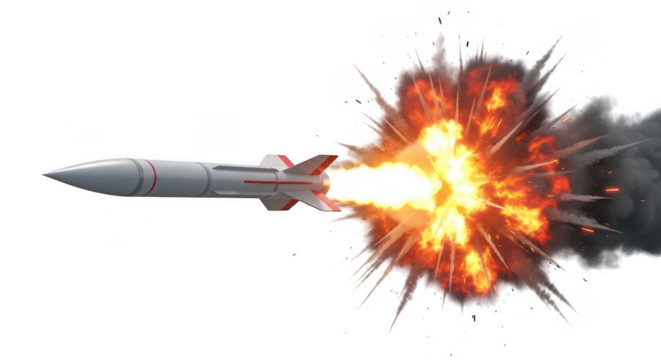 Rocket explodes in mid air shot on transparent background