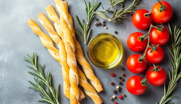 Delicious grissini sticks, rosemary, oil and fresh tomatoes on grey textured table