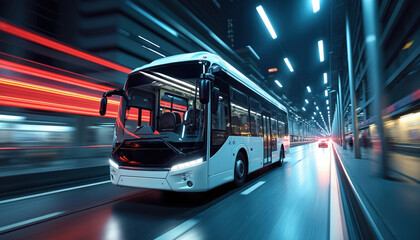 White electric bus speeds through city streets at night. Blurred lines, glowing lights create sense of rapid urban transit, technological innovation. Modern vehicle offers efficient, sustainable