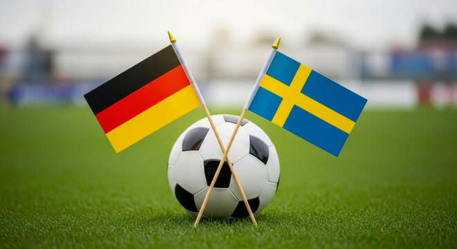 A soccer ball with germany and sweden flags on a green grass field view - Powered by Adobe