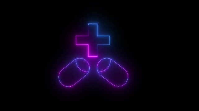 Glowing neon capsule icon animation. Neon medicine icon motion graphic animation for treatment, hospitality, health care on black background.4k video