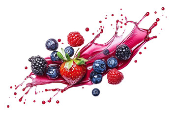 Fresh mixed berries and pink splash isolated on transparent background