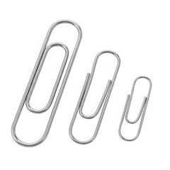 Three metal paper clips of varying sizes, isolated on a transparent background, representing office supplies and organization