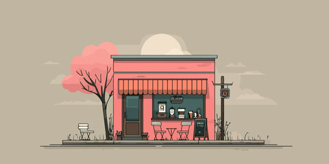 Stylized illustration of a quaint pink coffee shop with outdoor seating and a blooming tree.
