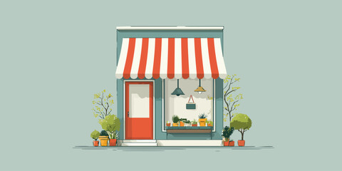 Charming illustrated storefront with a red and white striped awning, red door, and potted plants.