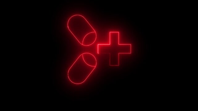 Glowing neon red capsule icon animation. Neon medicine icon motion graphic animation for treatment, hospitality, health care on black background.4k video