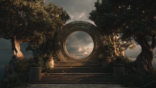 Ancient circular gateway, stone steps, dramatic sky, lush trees