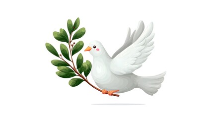 Obraz premium A white dove carrying a sprig of leaves, a timeless symbol of peace and hope. The image evokes feelings of tranquility and goodwill