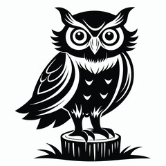 Stylized Black and White Owl Perched on a Tree Stump Graphic Illustration