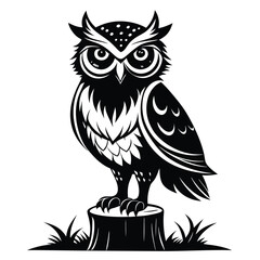 Detailed Black and White Vector Illustration of an Owl on a Tree Stump