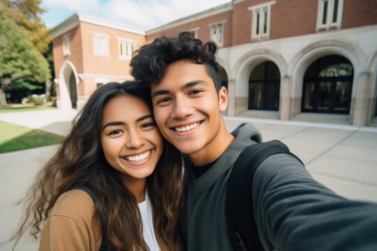 Teen hispanic couple smiling together selfie portrait outdoors.