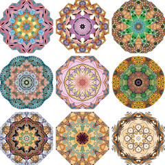 Set of colorful cute Mandalas. Decorative unusual round ornaments.