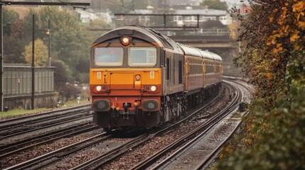 Fototapeta premium A train traveling on tracks, with a yellow and orange locomotive and passenger cars, passing through a cityscape with buildings and trees in the background.