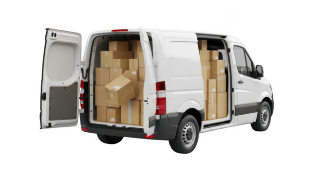 White van loaded with boxes isolated on transparent background