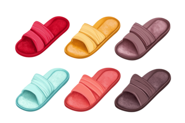 Collection of six colorful flip flop sandals isolated on transparent background