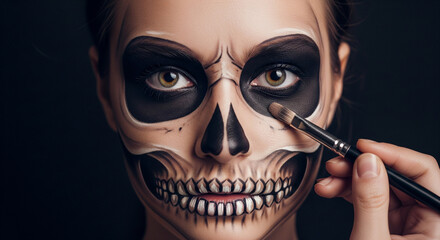 Close-up of a woman getting elaborate skull makeup applied for a spooky Halloween costume or Day of the Dead celebration, showcasing artistic face painting