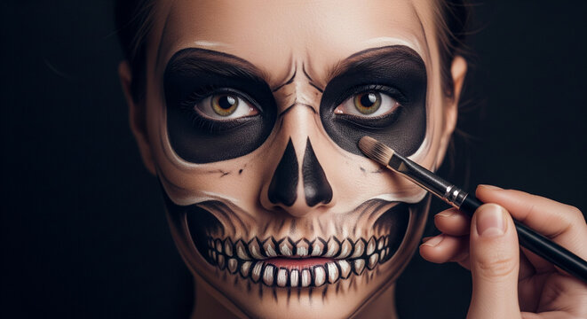 Close-up of a woman getting elaborate skull makeup applied for a spooky Halloween costume or Day of the Dead celebration, showcasing artistic face painting