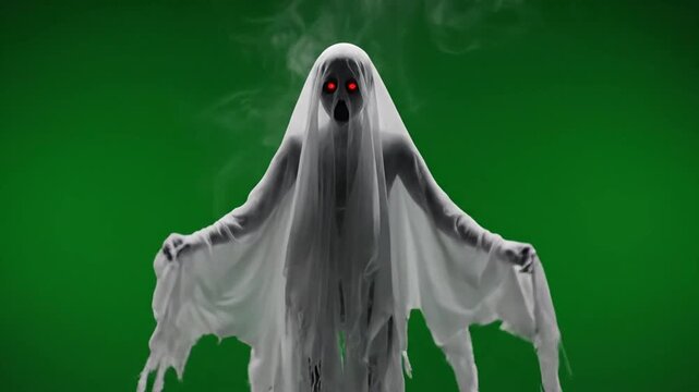 Spectral Apparition: Ethereal Ghost with Glowing Red Eyes on Green Screen