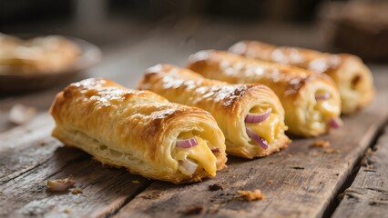 Cheese and onion puff pastry rolls. Vegetarian food, snack