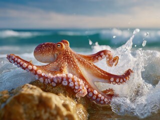 Professional High-Quality Ocean Wildlife Image of Octopus Facing Shark on Rocky Beach with Stormy Waves for Environmental and Safety Marketing