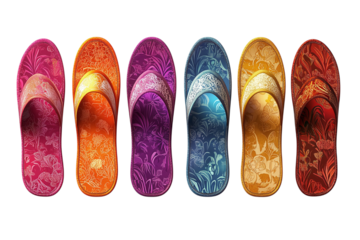 Six colorful patterned flip flops arranged in a row isolated on transparent background